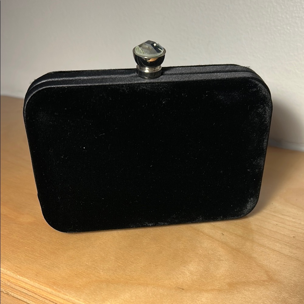 Small black velvet box clutch with metal strap